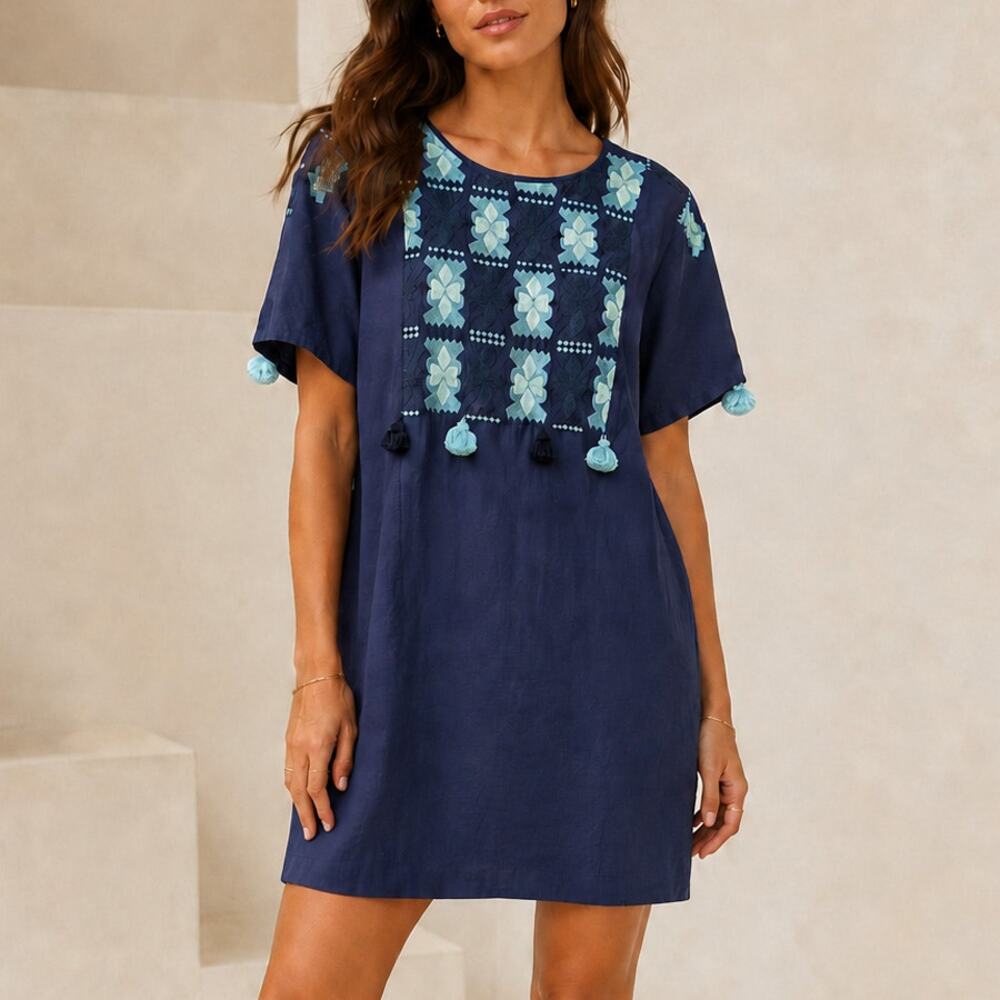 Figue Navy Blue Cotton Aqua Embroidered Shift Dress Size M